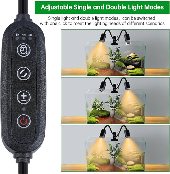 LUCKY HERP Reptile Heat Lamp, Dual Head UVA UVB Reptile Light with Cycle Timer, 360°Rotatable Dimmable Aquarium Turtle Tank Basking Light with 4 Bulbs (2PCS 25W and 2PCS 50W)