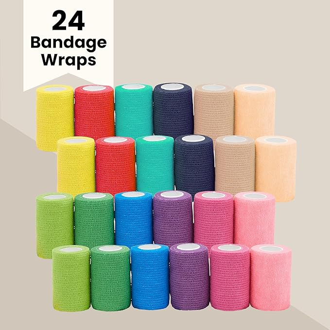 Juvale Cohesive Self-Adherent Bandage Wrap - Elastic Support for Sprains & Sports Tape - Vet Wrap for Horses & Dogs - Hand-Tearable Design & Grip Tape - 24 Rolls, 3 in x 5 yd, Multicolor