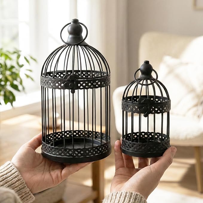 Vela Lanterns Bird Cage Decor Candle Holder Lantern Decorative Table Centerpiece Halloween Decorations, Black, Set of 4