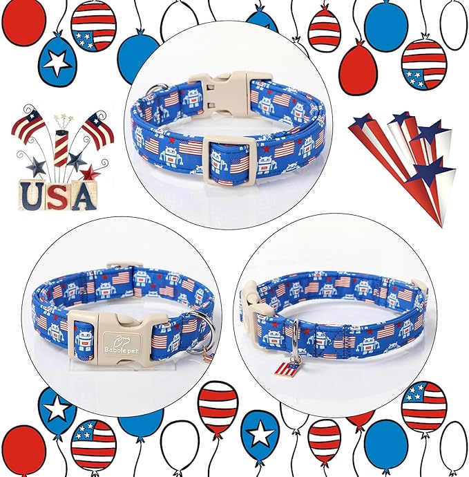 4th of July Dog Collar, Robot Star-Spangled Patriotic Dog Collars for Giant Large Dogs, Adjustable Lightweight Quick-Release Buckle Collar for Boy&Girl Dogs XL