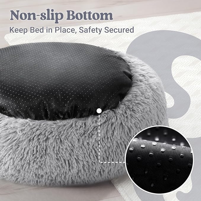 rabbitgoo Dog Bed for Small, 24 inches Machine Washable, Fluffy Donut Pet Bed Anti-Slip, Calming Soft Plush Round Cushion, Fits up to 18 lbs Pets, Light Grey