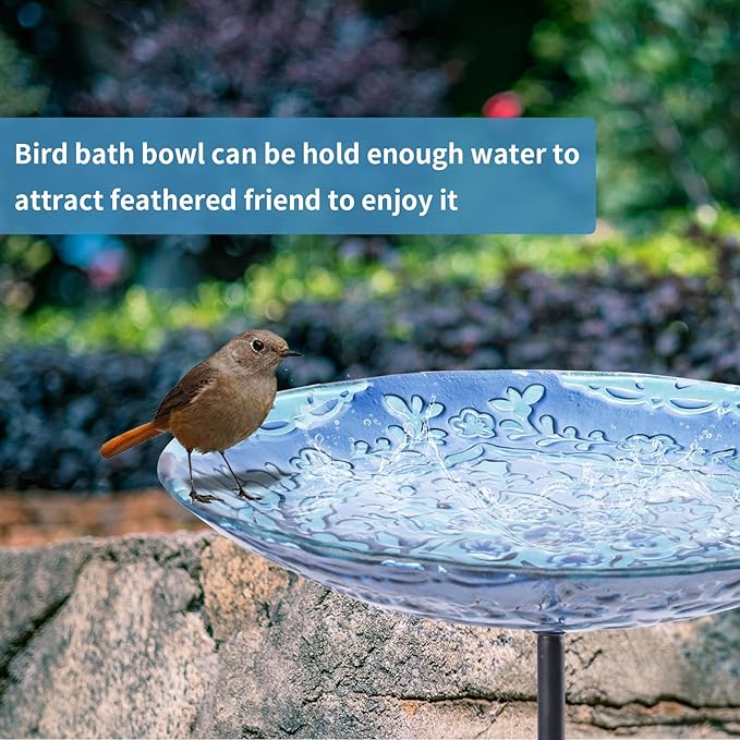 MUMTOP Bird Baths for Outdoors, Glass Birdbath Birdfeeder Bowl with Metal Stake for Outside Garden Yard Lawn Flower Style Decor