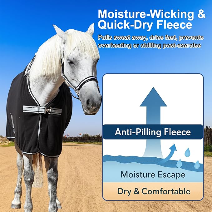 Horse Fleece Cooler, Blanket Liner - 300g Anti-Pilling Fleece, Moisture-Wicking, Cooling & Drying for Post-Workout, Bath & Travel, Prevent Overheating & Chilling Black 84