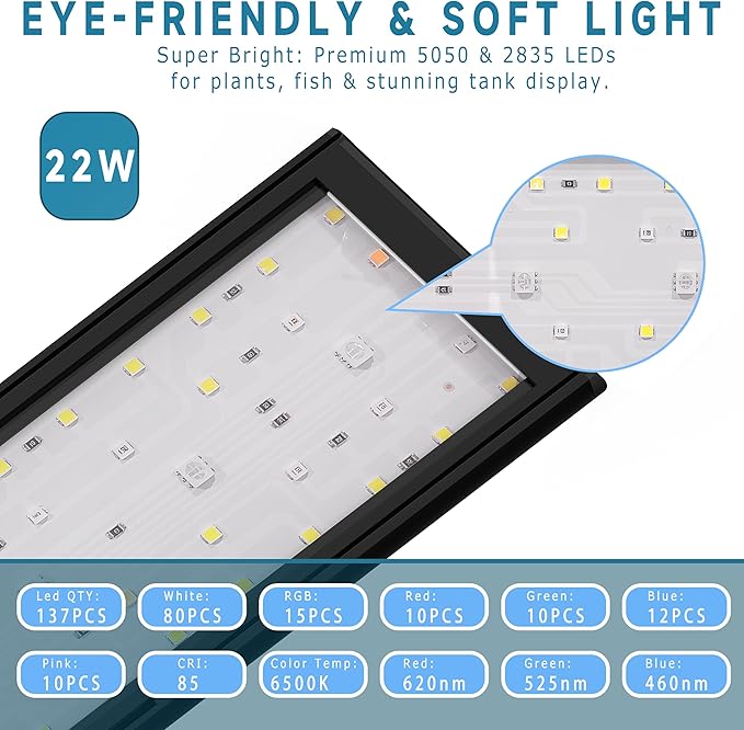 24/7 Mode LED Aquarium Light for 30-36 Inch Plant & Fish Tank, IP68 Full Spectrum Light, Sunrise-Daylight-Moonlight, White Red Green Blue Pink LEDs with Extendable Brackets for Freshwater