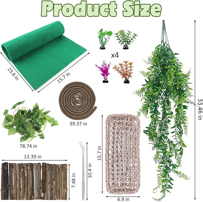 kathson Bearded Dragon Tank Accessories Kit, Reptile Hide Wooden Bridge Terrarium Liner Hammock Jungle Climber Vines Leaves Tweezer and Plant Reptile Habitat Decor for Chameleon Lizards Gecko Snakes