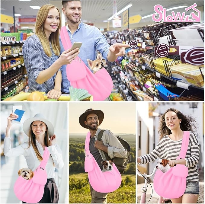Lukovee Pet Sling, Hand Free Dog Sling Carrier Adjustable Padded Strap Tote Bag, Shoulder Bag with Safety Belt & Front Pocket for Small Dog Cat Puppy (Pink-WY,L)