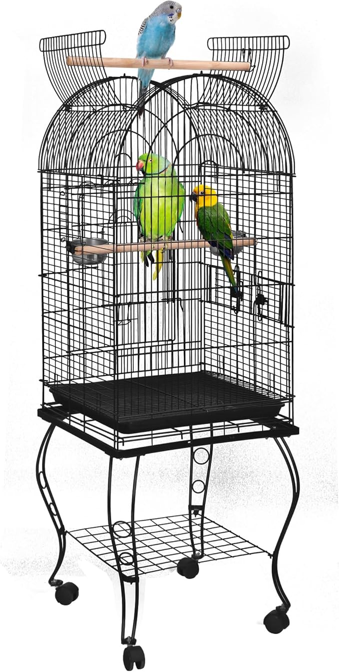 SUPER DEAL 63.5'' Rolling Bird Cage Large Wrought Iron Cage for Cockatiel Sun Conure Parakeet Finch Budgie Lovebird Canary Medium Pet House with Rolling Stand & Storage Shelf