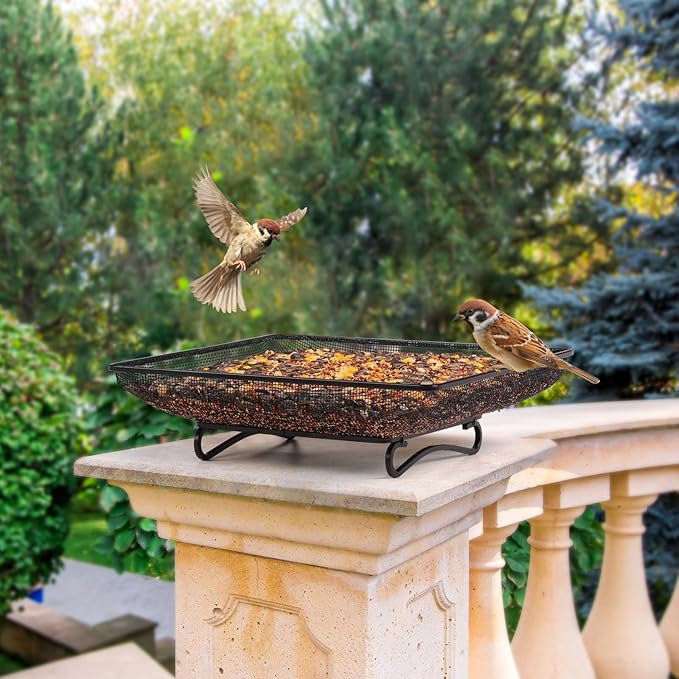 MIXXIDEA Ground Bird Feeder Tray 11x11 Inches, Metal Platform Mesh Seed Tray for Bird Feeders, Great Attracting Garden Yard Decoration for Wild Birds Squirrels Dove,1 Pack