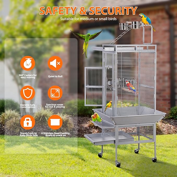 Nova Microdermabrasion 61 Inches Large Bird Cage Play Top Parrot Cockatiel Parakeet Chinchilla Macaw Cockatoo Cage W/Stand Perch Pet Supplies, White