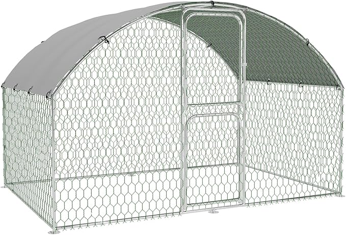 Large Metal Chicken Coop Run,Outdoor Walk-in Cage Peak Hen House with Waterproof and Anti-Uv Cover,Dome Roof Hen House with Security Lock for Outdoor,Backyard and Farm, 9.8 x 6.5 x 6.5 ft
