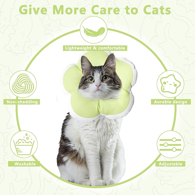 Cat Cone Collar Soft, Waterproof Cats Cones to Stop Licking After Surgery, Adjustable Soft Elizabeth Cats Collars for Wound Healing, Flower Shape Cat Recovery Collar (Green, Large)