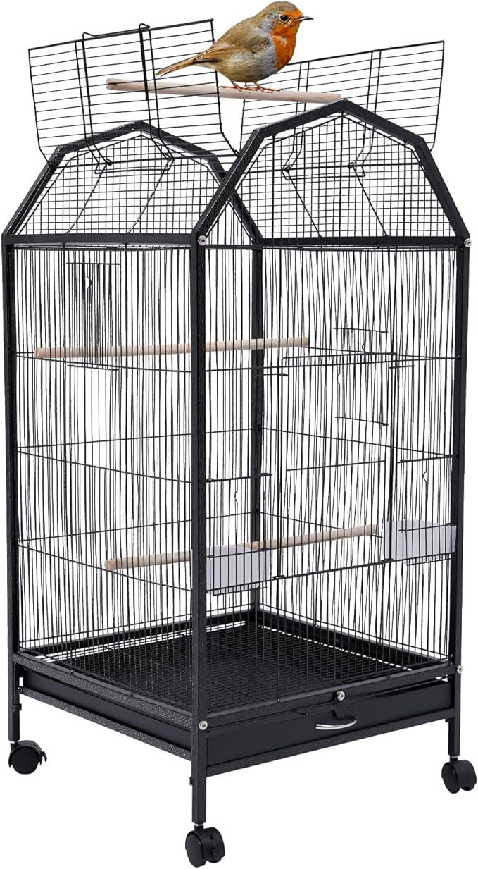 Iron Parakeet Bird Cage with Stand, Pet Bird Container with Skylight, Large Cage for Medium&Small Bird with Wheels and Doors for Cockatiel Sun Conure Senegal Jardine Quaker Budgie (Black)
