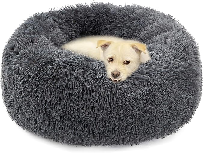 Donut Bed Medium Size Dog, Calming Soft Round Cuddler Dog Beds Fluffy Plush Faux Fur Pet Beds (24", Dark Grey)