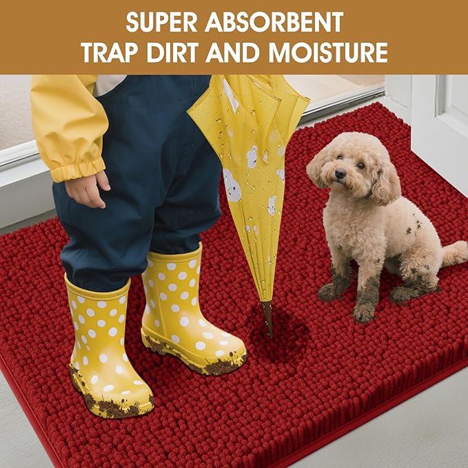 IM HOME 48" x 38" Red Dog Door Mats for Muddy Paws, Chenille Absorbent Dog Mat, Non Slip Heavy Mud Mat for Dogs, Soft Pet Bed Mat for Entryway, Mud Paws, Inside Floor