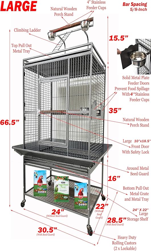 Large Deluxe Wrought Iron Bird Parrot Play Gound Perch Stand Top Climbing Ladder Metal Cage Include Seed Guard Storage Shelf Heavy Duty Lockable Rolling Wheels