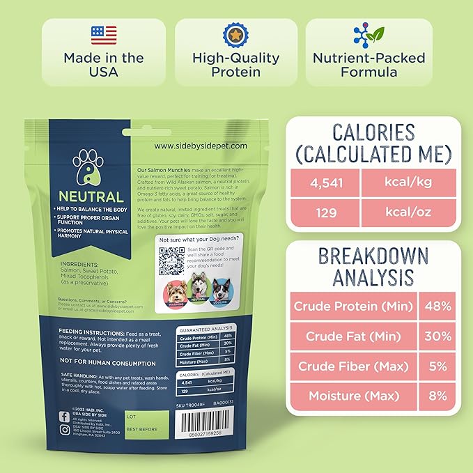 Side by Side Salmon Munchies - Neutral Freeze-Dried Training Treats - Ideal Dog Training Treats, Snack or Reward - Single Whole Raw Ingredient, Free of Artificial Additives - USA Made (4oz, Pack of 2)