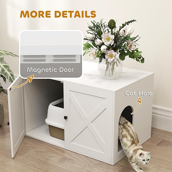 PawHut Cat Litter Box Enclosure, Hidden Litter Box Furniture with Barn Door, Cat Hole, Indoor Pet House Washroom, End Side Table, 31.5" x 21" x 20", White
