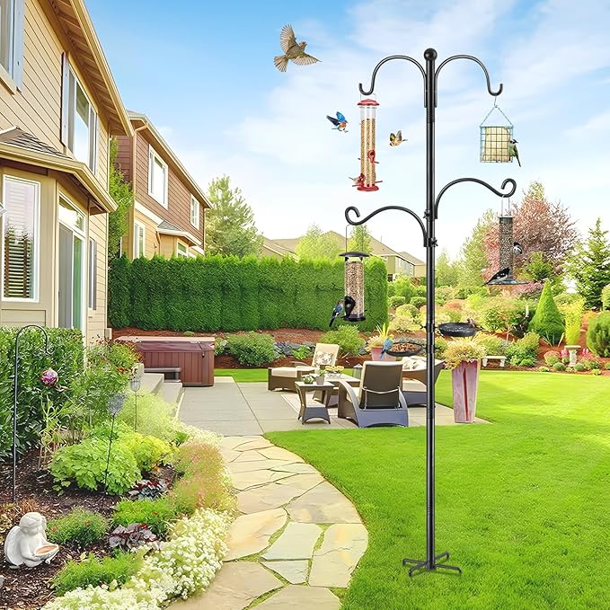 Bird Feeder Poles, Bird Feeding Station with Water Bowl and Birds Seed Tray, 88 Inch Shepherds Hooks for Outdoor Heavy Duty, 1-Inch Dia Humming Birds Feeder Stand Hanger Post with 4 Hooks