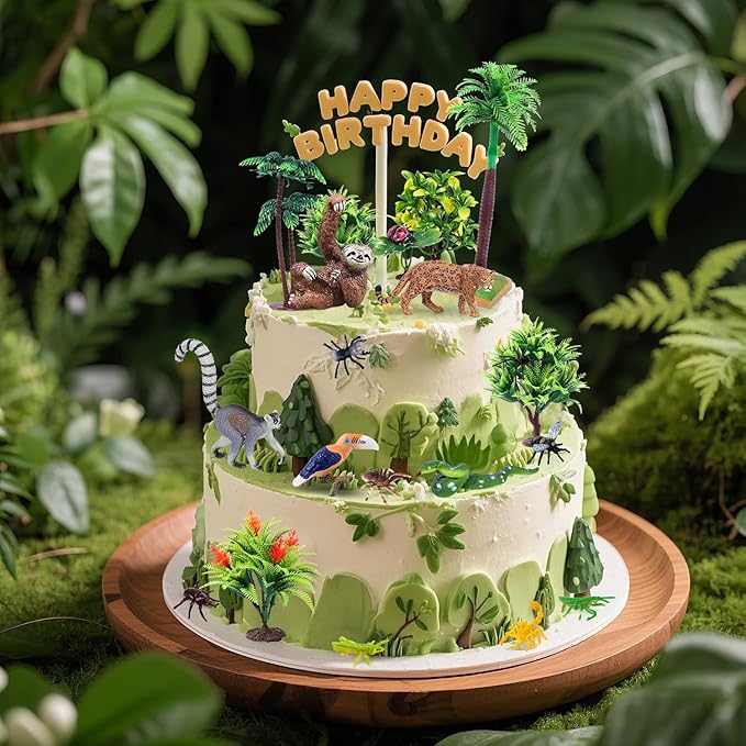 26Pcs Rainforest Animal Figures, Realistic Jungle Animals Toys with Snake Sloth Leopard Monkey Bird Insects Trees for Kids Educational Birthday Diorama Decoration Party Favor School Projects
