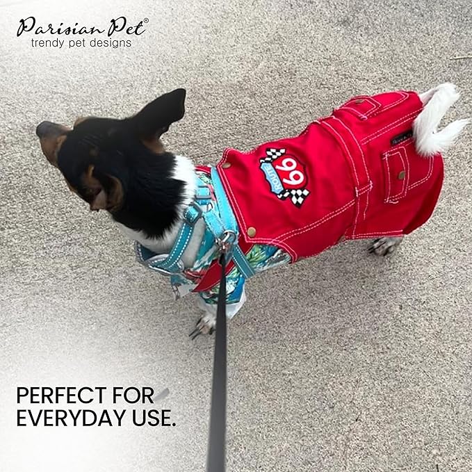 Parisian Pet Denim Overall w/ Embroidered Route 66 ' Red Dog Jumpsuit - Breathable, Machine Washable Dog Outfit - Large Dog, 2XL