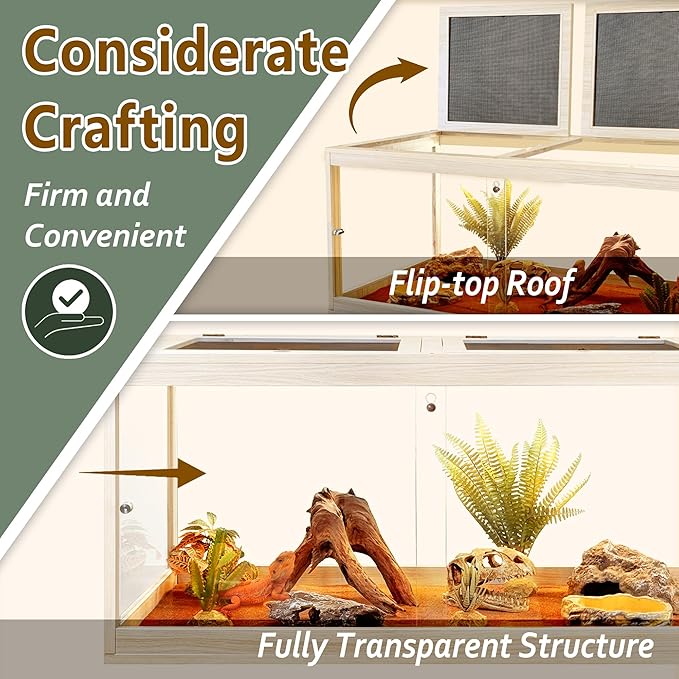 PROLEE Tempered Glass Bearded Dragon Tank,63 Gallon Reptile Tank with Meatl Mesh Roof and Front Sliding Door, Anti-Scratch Lizard Tank,Spacious Reptile Enclosure for Snakes,Lguanas, Chameleons (Oak)
