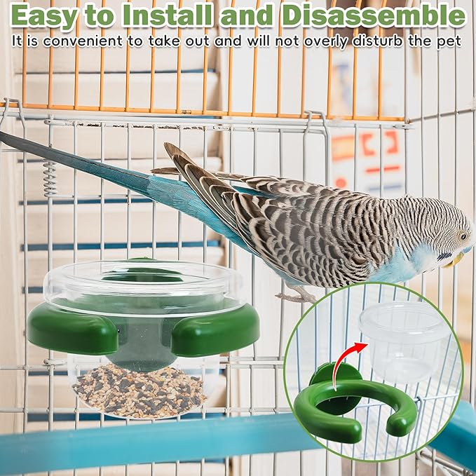 PINVNBY 4 PCS Birds Cage Feeders with Clamp, Transparency Feeding Dish Cups Easy to Install Bird Bowls Small-Sized Detachable Parakeet Feeder for Finches Lovebirds（Green）