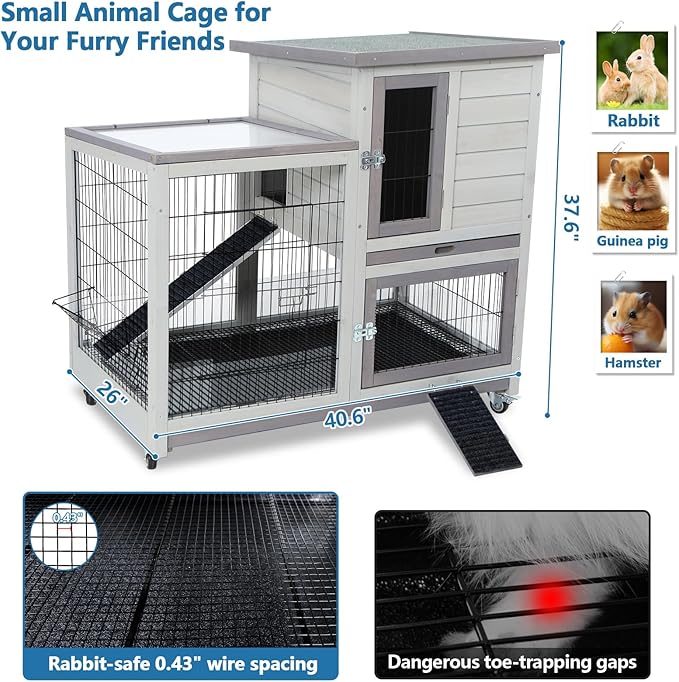 Rabbit Hutch Indoor Outdoor Bunny Cage with Urine Guards 2 Storey Mobile Guinea Pig Cage Weatherproof Asphalt Roof Wire Bottom 2 Trays
