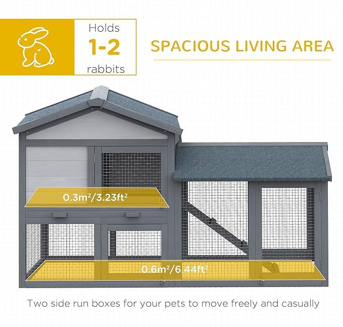 PawHut 58" Rabbit Hutch, Wooden Bunny Hutch, Guinea Pig Cage, Small Animal Enclosure with Run Area, Removable Tray, Asphalt Roof, Lockable Doors and Ramp, Dark Gray