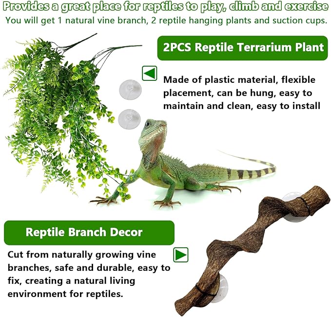 kathson Reptile Corner Branch & Hanging Plants Decor, Bearded Dragons Climbing Vine Branches,Tank Climb Branch with Terrarium Plant Accessories Ornament for Amphibians, Lizards, Snakes, Geckos, Frogs