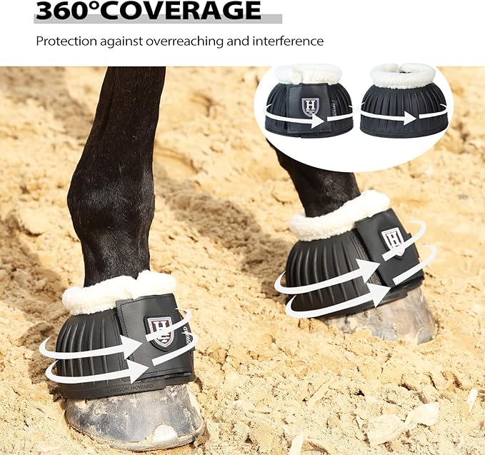 Harrison Howard Rubber Pull-on Bell Boots with Fleece Lining and Extra-Large Leather Touch-Close Tape Hoof Overreach Protection for Horses Sold in Pairs Black L