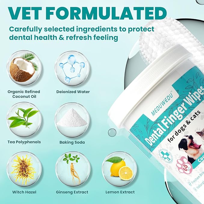 Dental Care Finger Wipes 60 Counts,Teeth Cleaning Finger Wipes for Dogs & Cats,Reduces Plaque & Supports Oral Freshness, Small Animal Stain Removers, Peach Scent