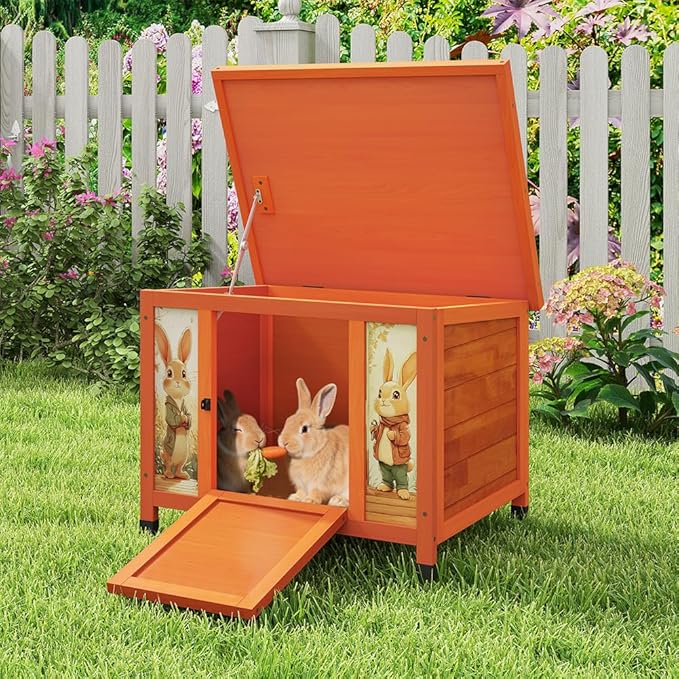 COZIWOW 24 Inch Rabbit Hutch Outdoor, Weatherproof Cat House, Bunny Cage Indoor with Non-Slip Ramp, Portable Wooden Shelter for Rabbits, Feral Cats, Chicken, Duck & Other Small Animals (Orange)