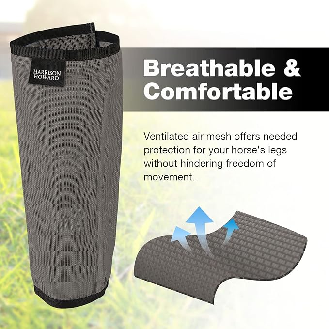 Harrison Howard Loose Fitting Fly Boots UV-Protective Extra Tough Mesh Ventilated Four Fasteners Stay-on Design Protect Horse Legs & Stomp-Reducing Set of 4 Dark Grey Pony