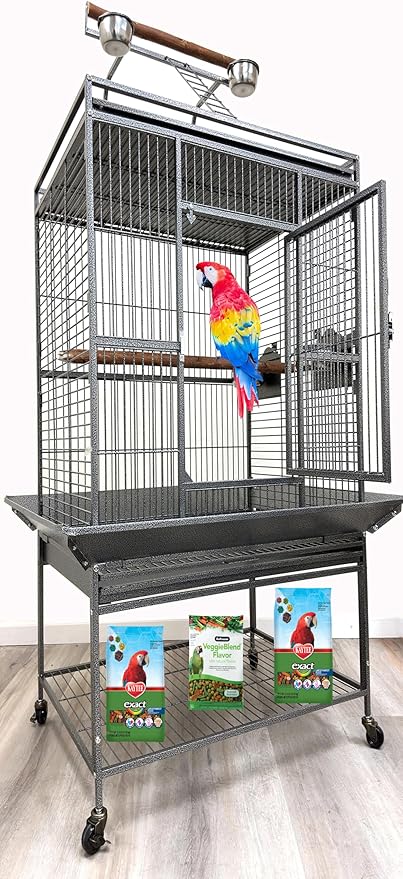 Large Deluxe Wrought Iron Bird Parrot Play Gound Perch Stand Top Climbing Ladder Metal Cage Include Seed Guard Storage Shelf Heavy Duty Lockable Rolling Wheels