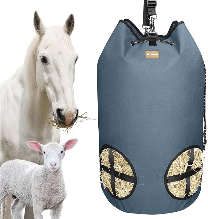 Hay Bags for Horses,4 Holes Slow Feeder Hay Bags for Goats,Sheep,Donkeys,Large Capacity Hay Feeder with Adjustable Top Opening for Easy Filling(Grey)