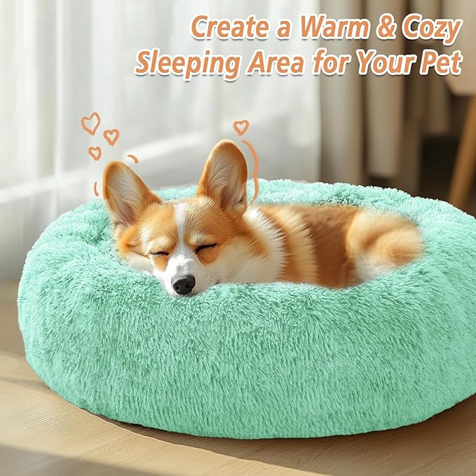 JOLLYVOGUE Calming Dog & Cat Bed for Large Dogs, Anti-Anxiety Donut Cuddler Cozy Soft Round Bed with Anti-Slip Bottom, Fluffy Faux Fur Plush Cushion Beds for Medium Dogs (36")