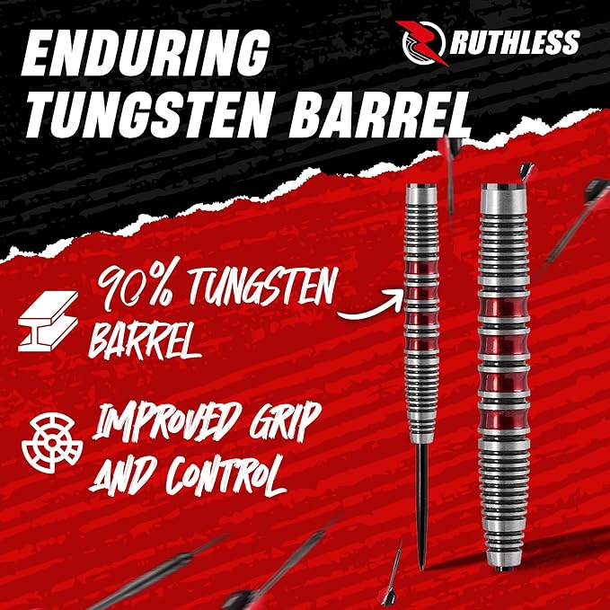RUTHLESS Red Falcon Professional Tungsten Steeltip Darts Set in 22g and 24g, with Flights and Stems Shafts