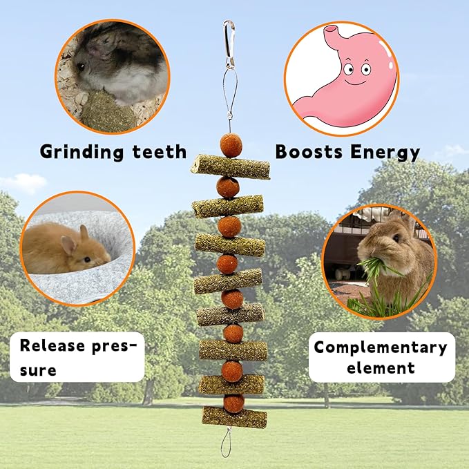 3Pcs Bunny Chew Toys for Teeth Bunny Hanging Grinding Cake Natural Sweet Bamboo Sticks Timothy Hay&Carrot Cake for Rabbit Guinea Pig Chinchilla Gerbil Improve Dental Health