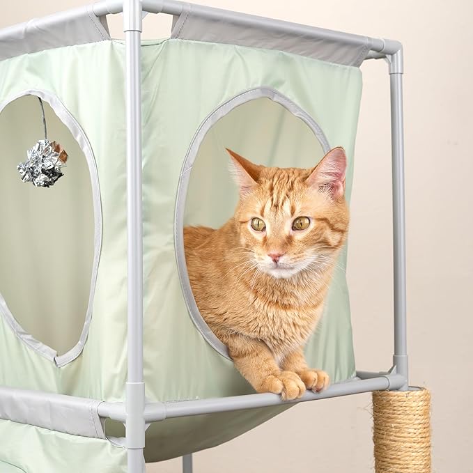 Kitty City Cozy Cube Retreat Cat Tower with Tunnel, Scratching Post & Hanging Toy, Dual-Level Indoor Cat Play Furniture for Climbing, Hiding & Lounging, Green