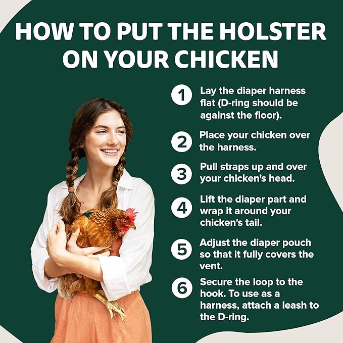Hen Holster Bird Diaper, Wrap Around - for Hens, Roosters, Ducks, Leak-Proof Design, Comfortable Fleece Strap Bird Harness with Sewn-in Liner, Secure Hook and Loop Closure - XL, Green