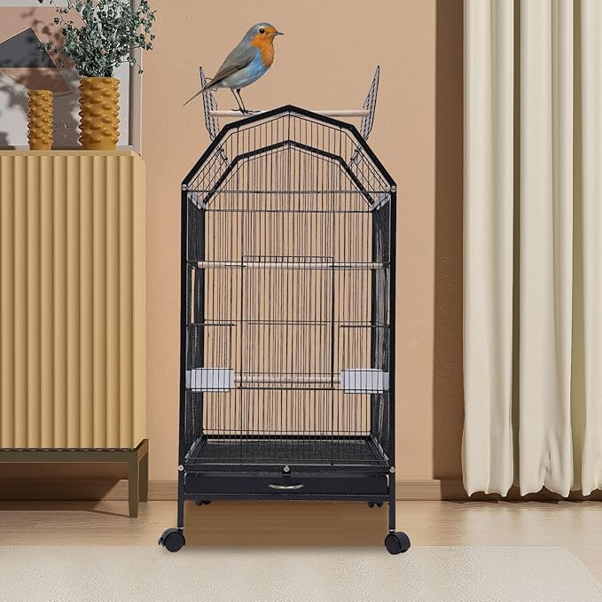 Iron Parakeet Bird Cage with Stand, Pet Bird Container with Skylight, Large Cage for Medium&Small Bird with Wheels and Doors for Cockatiel Sun Conure Senegal Jardine Quaker Budgie (Black)