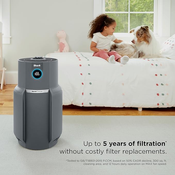 Shark Air Purifier for Home, NeverChange Max, 1,300 sq. ft. for Large Room, Kitchen, Home Office, HEPA-Exceeding Filter, Captures Pollutants, Pet Dander, Dust, Odor, Smoke, and More, HP301, Grey