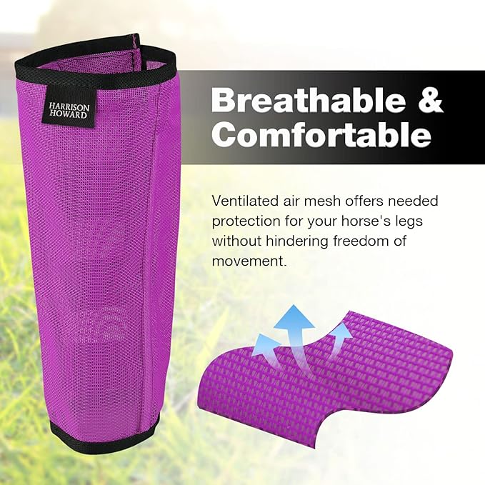 Harrison Howard Loose Fitting Fly Boots UV-Protective Extra Tough Mesh Ventilated Four Fasteners Stay-on Design Protect Horse Legs & Stomp-Reducing Set of 4 Purple Medium