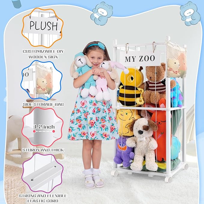 Stuffed Animal Storage Zoo with Wheels, Wooden Stuffed Animal Organizer with Elastic Cords, Space Saving Toy Plushies Storage Holder for Playroom, Bedroom, Living Room(White, Small)