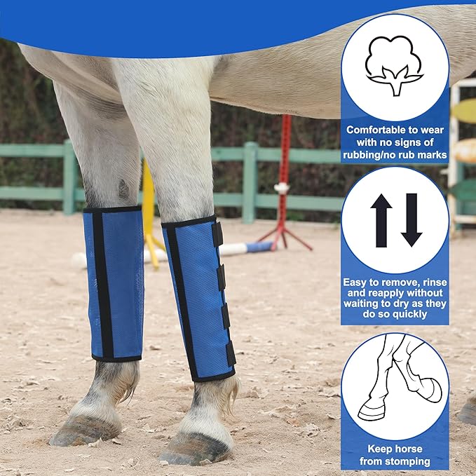 Horse Fly Boots Set of 4 - Non-Slip Leg Guards Extra Tough Mesh Ventilated, Adjustable Horse Fly Leggings Reduce Stomping & Hoof Stress & Leg Fatigue RoyalBlue Small
