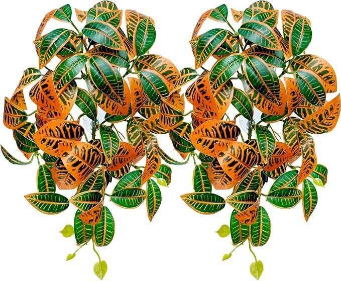 Woyrise 2 Pack Reptile Plants, Terrarium Hanging Plant Vines, Artificial Leaves with Suction Cup, Bearded Dragon Tank Accessories for Gecko Lizard Snake Frog Tortoise Decorations - Codiaeum Variegatum