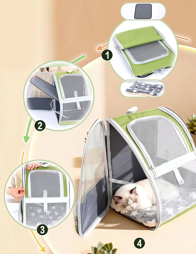 Green Cat Backpack Carrier with Washable Crate Bed Mat Breathable Cat Carrier Large Space for Medium Small Dog Puppy Kitty Bunny Ventilated Mesh Pet Backpack for Cats Travel Hiking Walking Outdoor Use