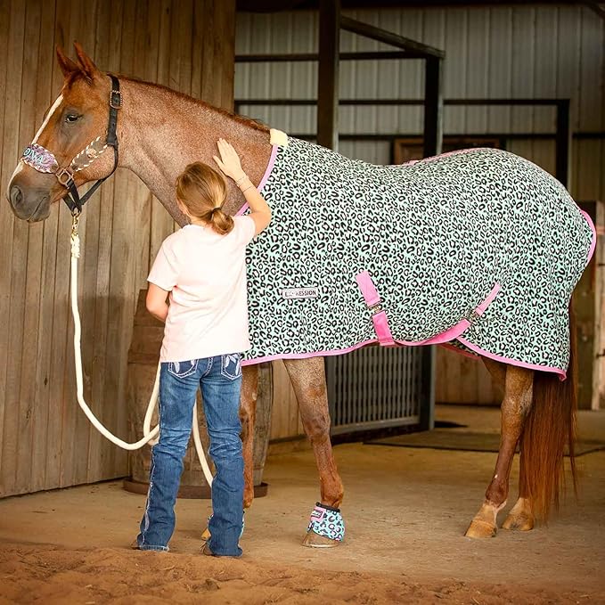 Jeffers Expression Fleece Cooler for Horses, Standard Neck, Party Cheetah 78"- Equine Towel Blanket, Moisture Absorbent, Light Weight, Best for Drying, Exercise, Bathing, Adjustable Belly Bands
