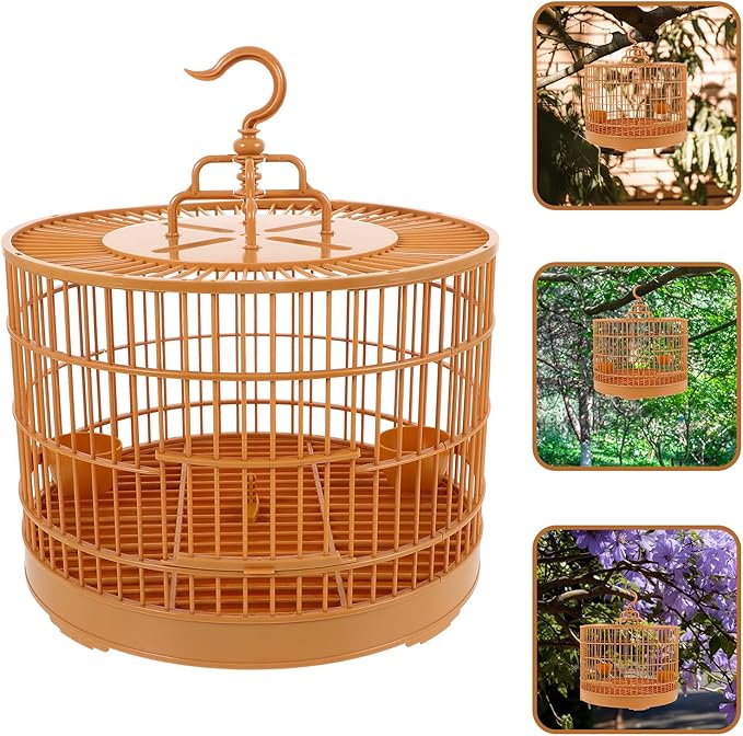 Milisten Small Bird Cage with Feeder Plastic Round Hanging Bird House Carrier with Hook for Small Birds Parakeets Finches Cockatiels B