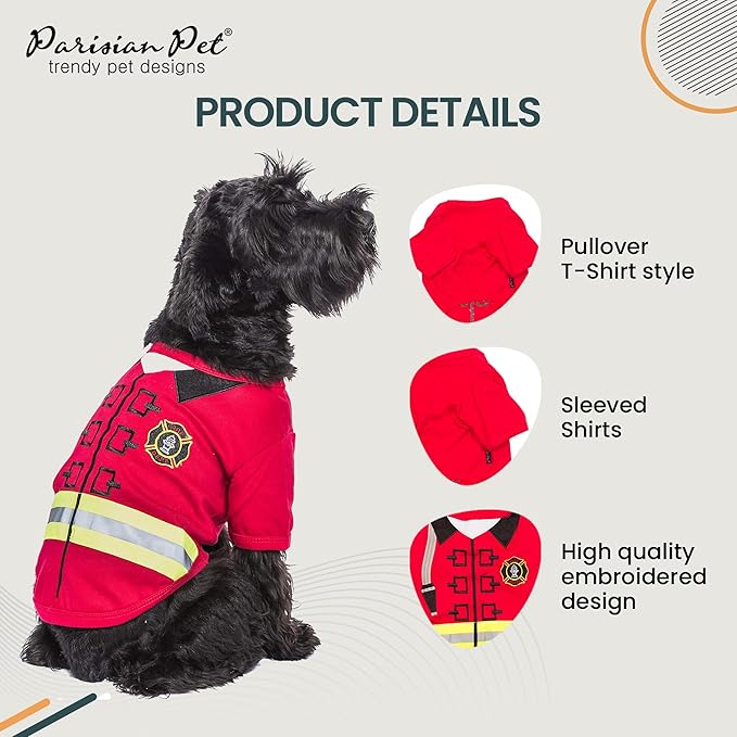Parisian Pet Embroidered Dog Firefighter Costume - 100% Cotton and Polyester - Sleeved Pet Shirt - Red - XL